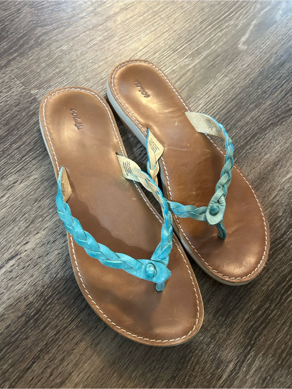 Olukai Women's Braided Teal Leather Flip Flop Sandals Size 9